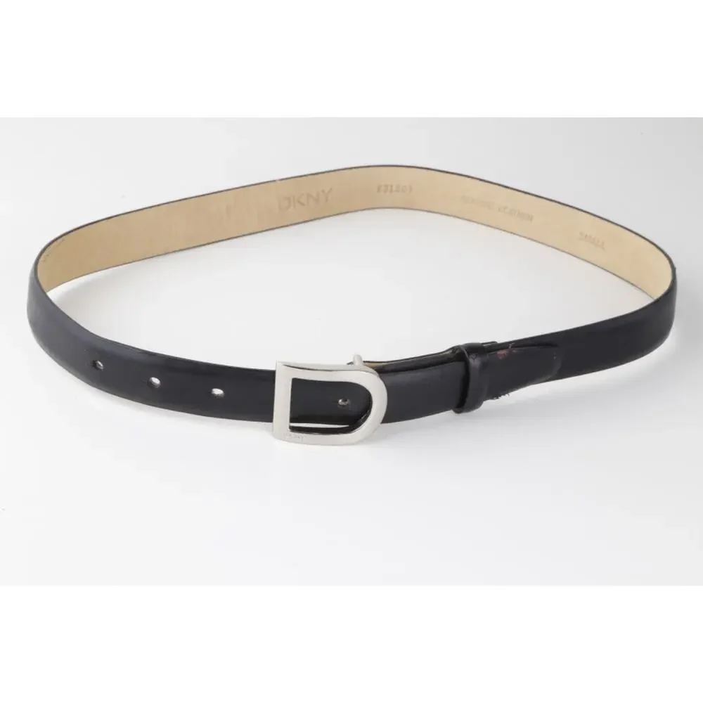 Vintage DKNY Black Genuine Leather Belt Brushed Silver D-Ring Horseshoe Buckle S